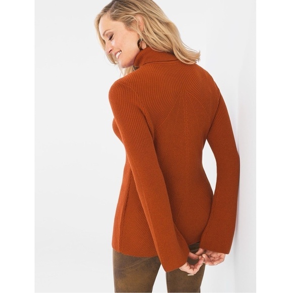 Chico’s Burnt Orange Keyhole Turtleneck Sweater Rust Rib Knit Bell Sleeve Small - Picture 12 of 13